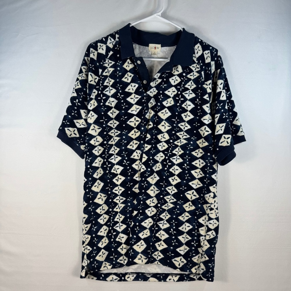J.Crew Mens Large Terry Cloth Polo Shirt Navy Blue White Geometric Diamond Print